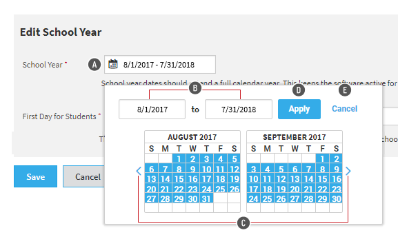 The user is editing the start and end dates for the school year. A pop-up calendar is open, allowing the user to choose the dates. The dates can also be changed in the fields above the calendar. The Apply and Cancel buttons are in the upper-right corner of the pop-up window.