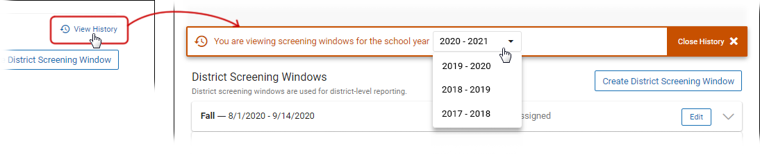 The View History link has been selected. In the drop-down list, the user can choose a prior school year.