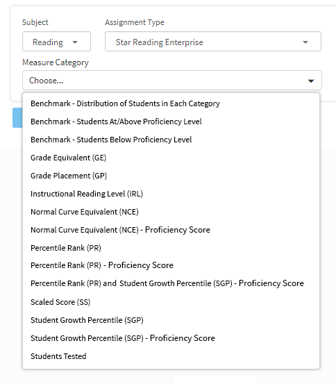 With Reading as the Subject and Star Reading Enterprise as the Assignment Type, the Measure Category drop-down list has 14 options available.