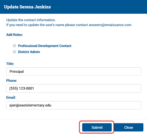 A contact form, where a person's role, title, phone, and email can be updated, with the Submit button at the bottom.