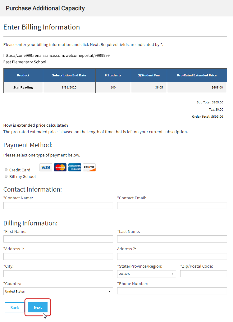 The Billing Information screen, where the billing method, contact information, mailing address, and phone number for the purchaser are added.