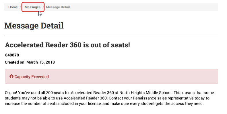 An example message saying that a school has exceeded its capacity limit for Accelerated Reader 360; the link back to the Messages page is at the top of the screen.