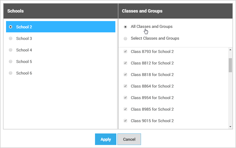in the selection window, select the school, select the classes or all classes, and select Apply