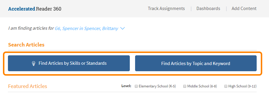 the buttons for finding articles by skills or standards or by topic and keyword