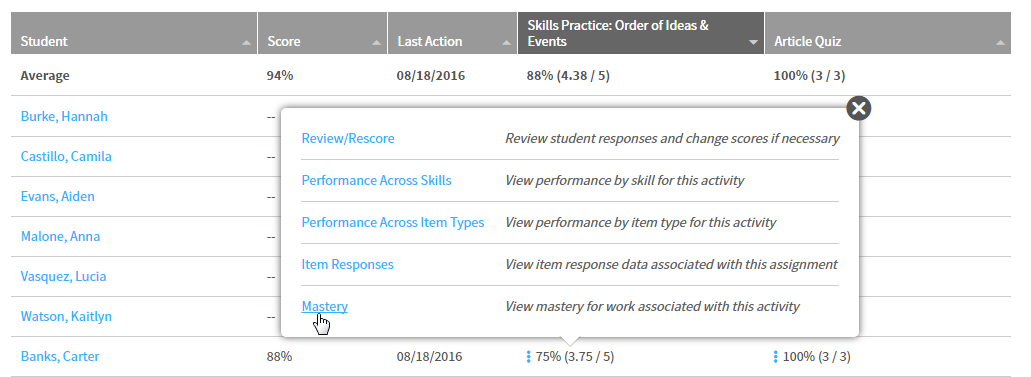 example of one skills practice score selected and the Mastery link