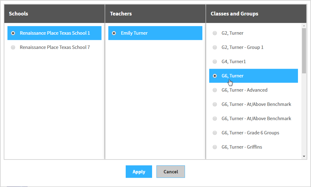 the selection window with a school, teacher, and class selected and the Apply button at the bottom