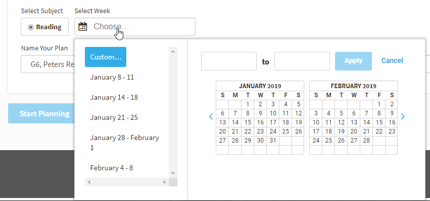 example showing the Select Week filled selected and the calendar for selecting custom dates