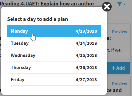 example of the popup for selecting a day for the assignment