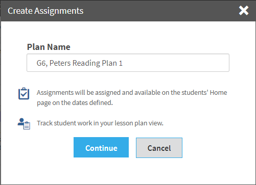 example of the Create Assignments window with a plan name