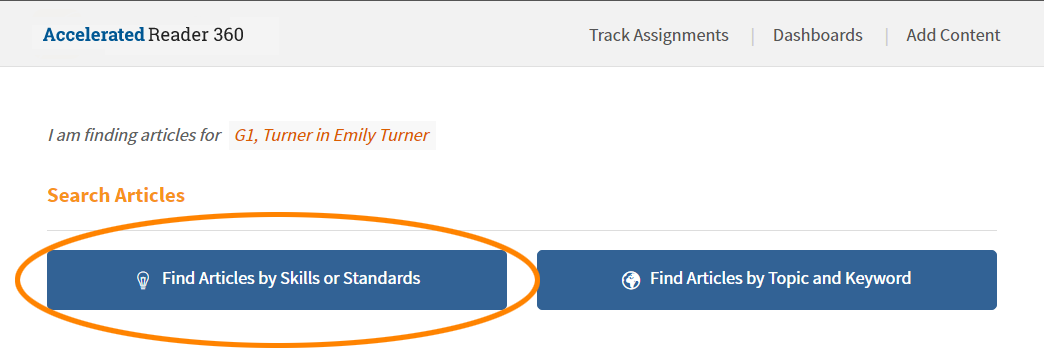 the Find Articles by Skills and Standards button