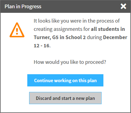 example of the popup message with the Continue and Discard buttons
