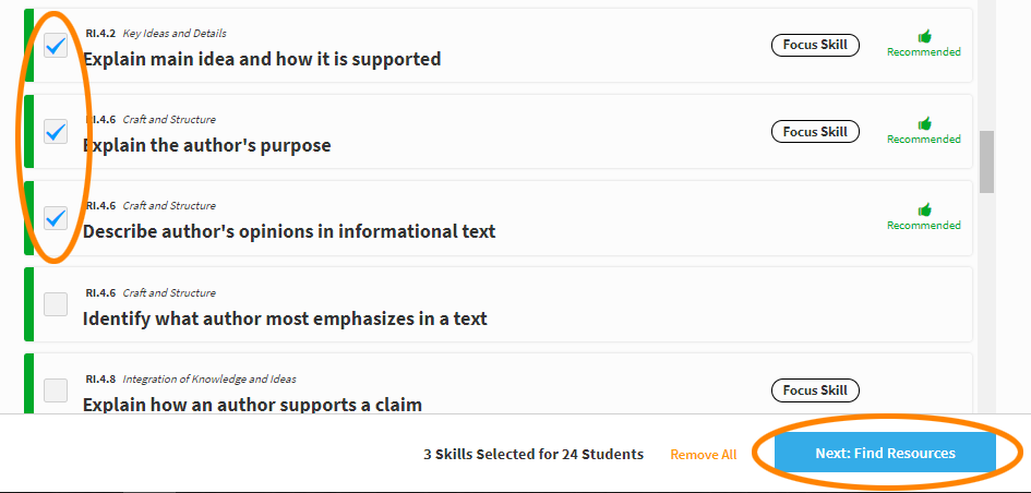 example showing three skills checked and the Next: Find Resources button