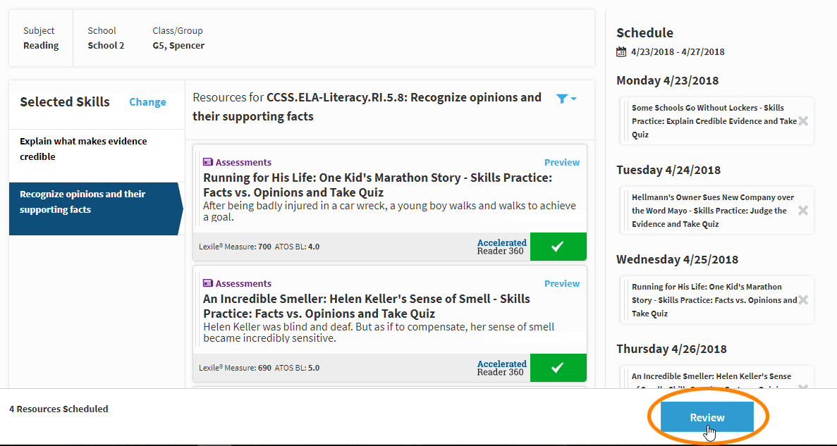 example showing assignments selected and the Review button
