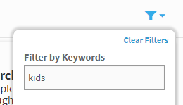 example of the filter option expanded with a keyword entered