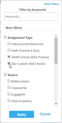 example of the assignment type filters with AR360 skills practice and Star Custom skill checks checked