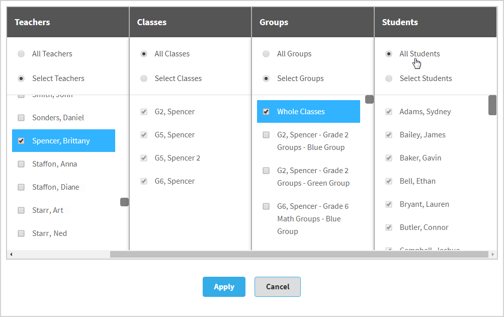 example of the selection window showing the teachers, classes, groups, and students columns