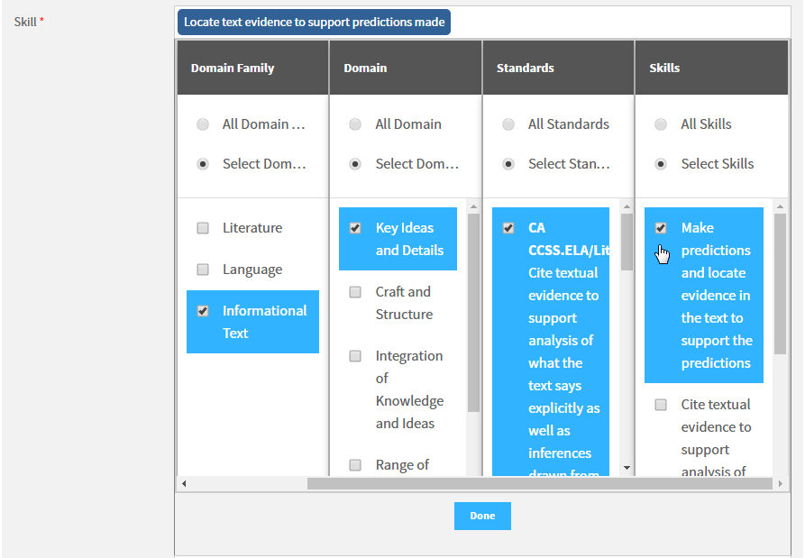 the skill columns with one domain family, domain, standard, and skill selected