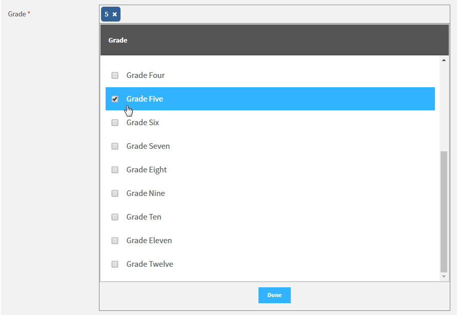 the Grade field with grade 5 selected
