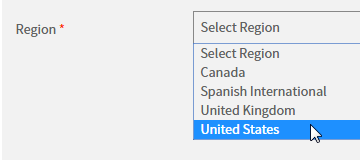 the Region drop-down list with United States selected