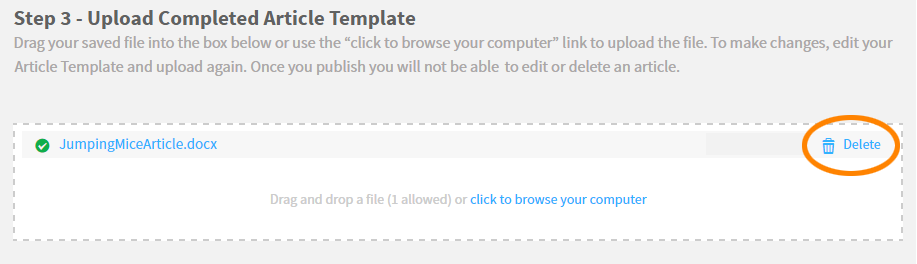 the Delete option for an uploaded file