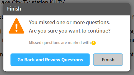 example of a popup message with the Go Back and Review Questions button