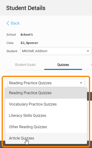 select Article Quizzes from the drop-down list