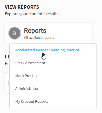 select Reports, then Accelerated Reader / Reading Practice