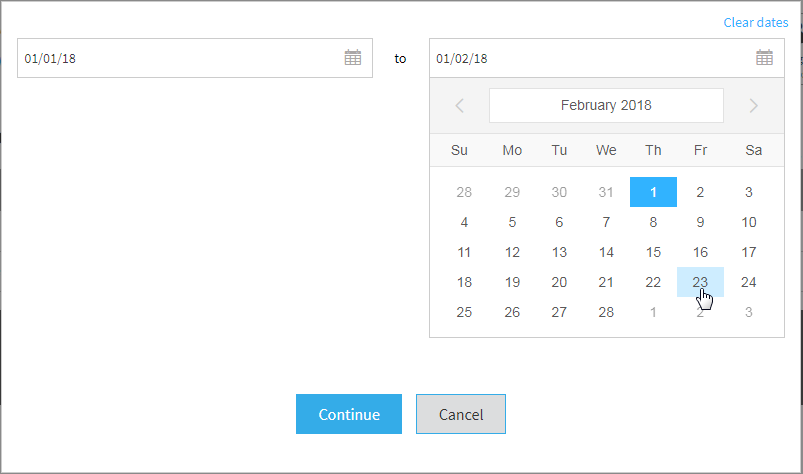 the custom date range calendar, with the start date selected and the end date being selected