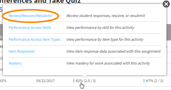 a skills practice score selected with the Review/Rescore/Resubmit link in the popup menu