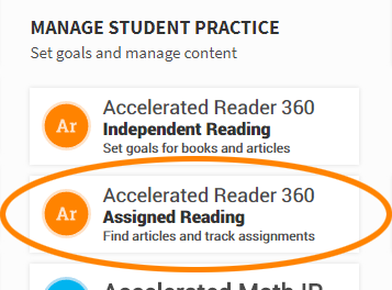 the Accelerated Reader 360 Assigned Reading tile on the Home page