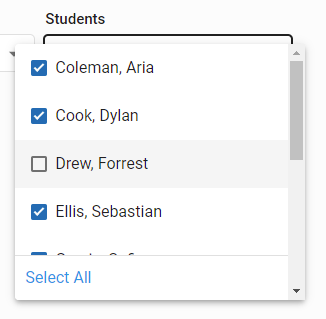 example of the Students drop-down list