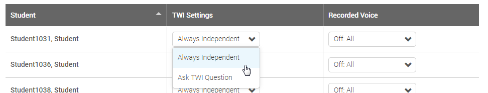 the TWI Settings drop-down list for a student