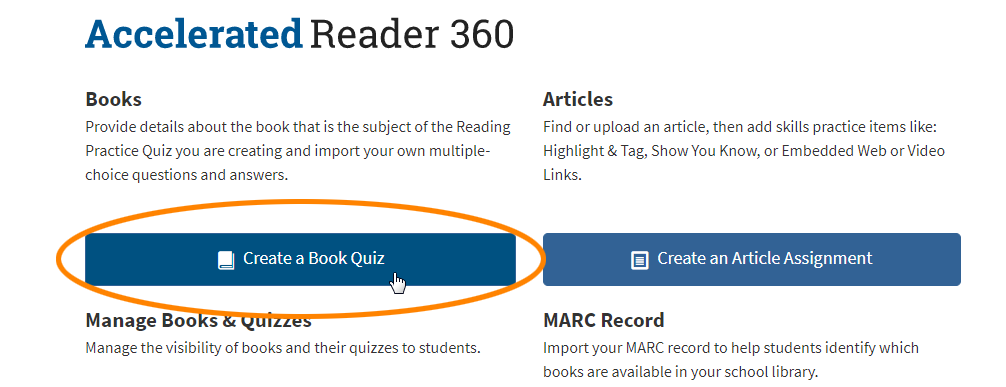 the Create a Book Quiz button