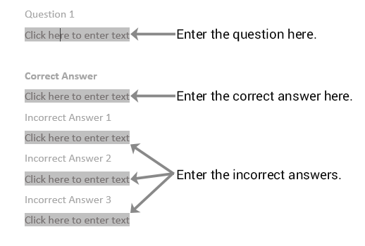 the question and answer fields for each question