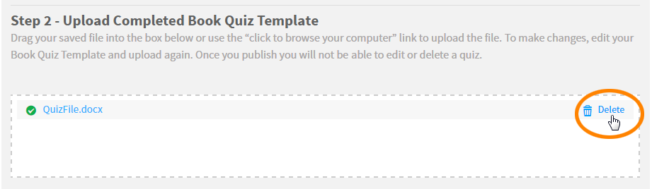 the Delete link for an uploaded file
