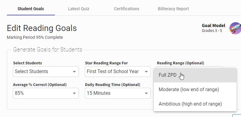 the Reading Range drop-down list