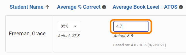 enter an average book level goal for a student