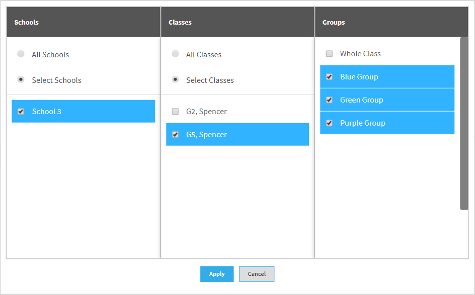 example of the selection window with one school, one class, and three groups checked and the Apply button at the bottom