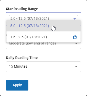 example of the Star Reading Range drop-down list in the Goal Calculator