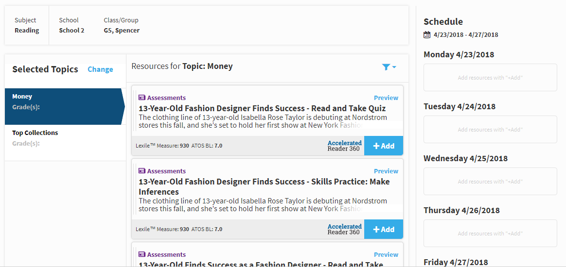 example of one topic selected and the matching assignments