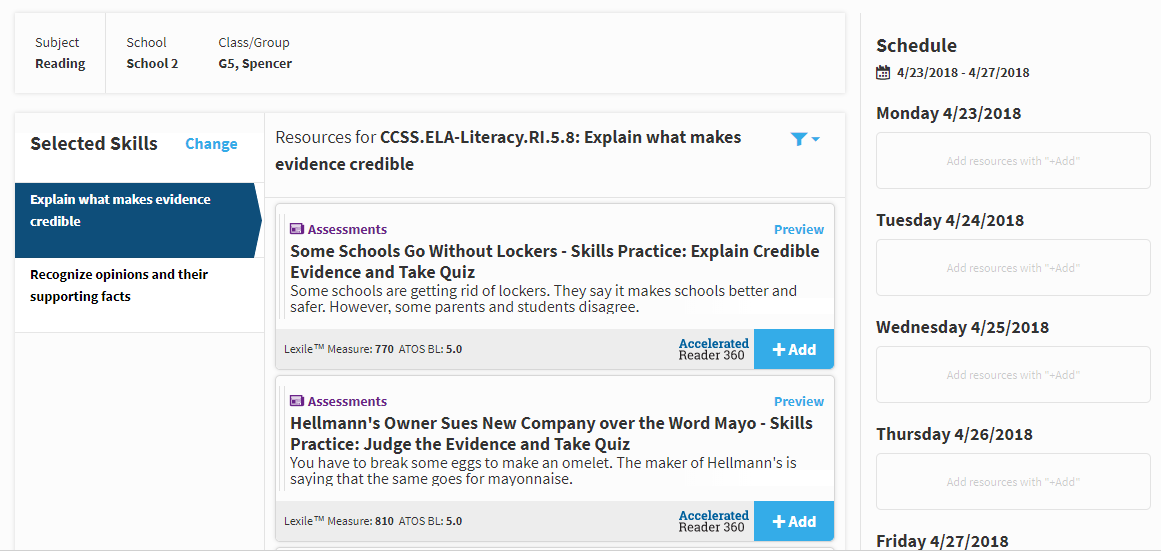 example of one skill selected and the matching assignments