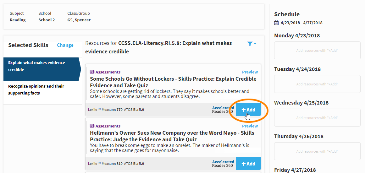 the Add button for an article assignment