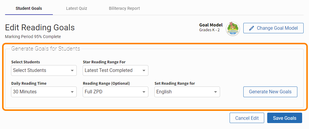 example of the goal criteria settings at the top of the page