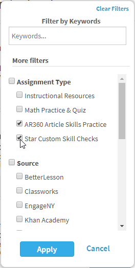 example showing the filters checked for AR 360 Article Skills Practice and Star Custom Skill Checks