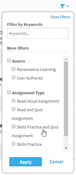 the available filters when finding assignments by topic and keyword