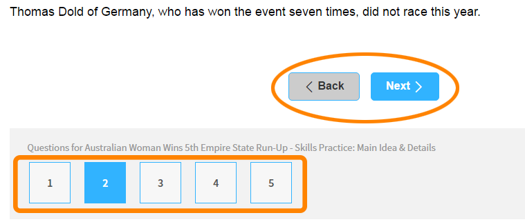 the Next and Back buttons and the assignment item numbers for skills practice
