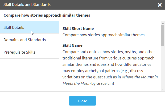 example of the skill details and standards window for a skill