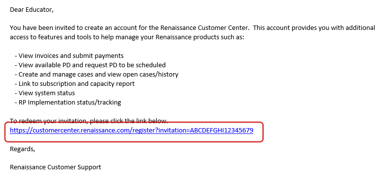 An email invitation with a registration email link.