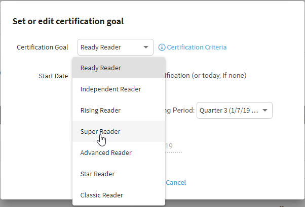 the options in the Certification Goal drop-down list