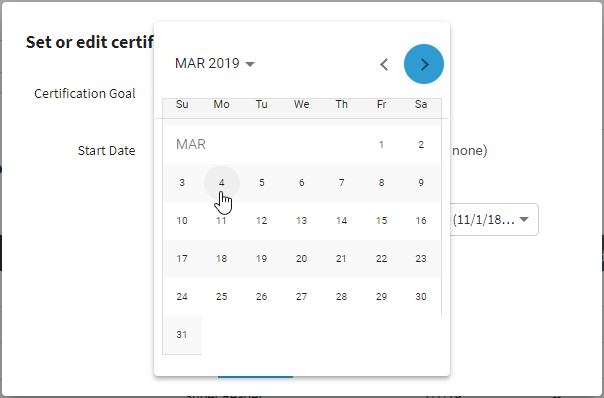 example of the popup calendar with a date being selected